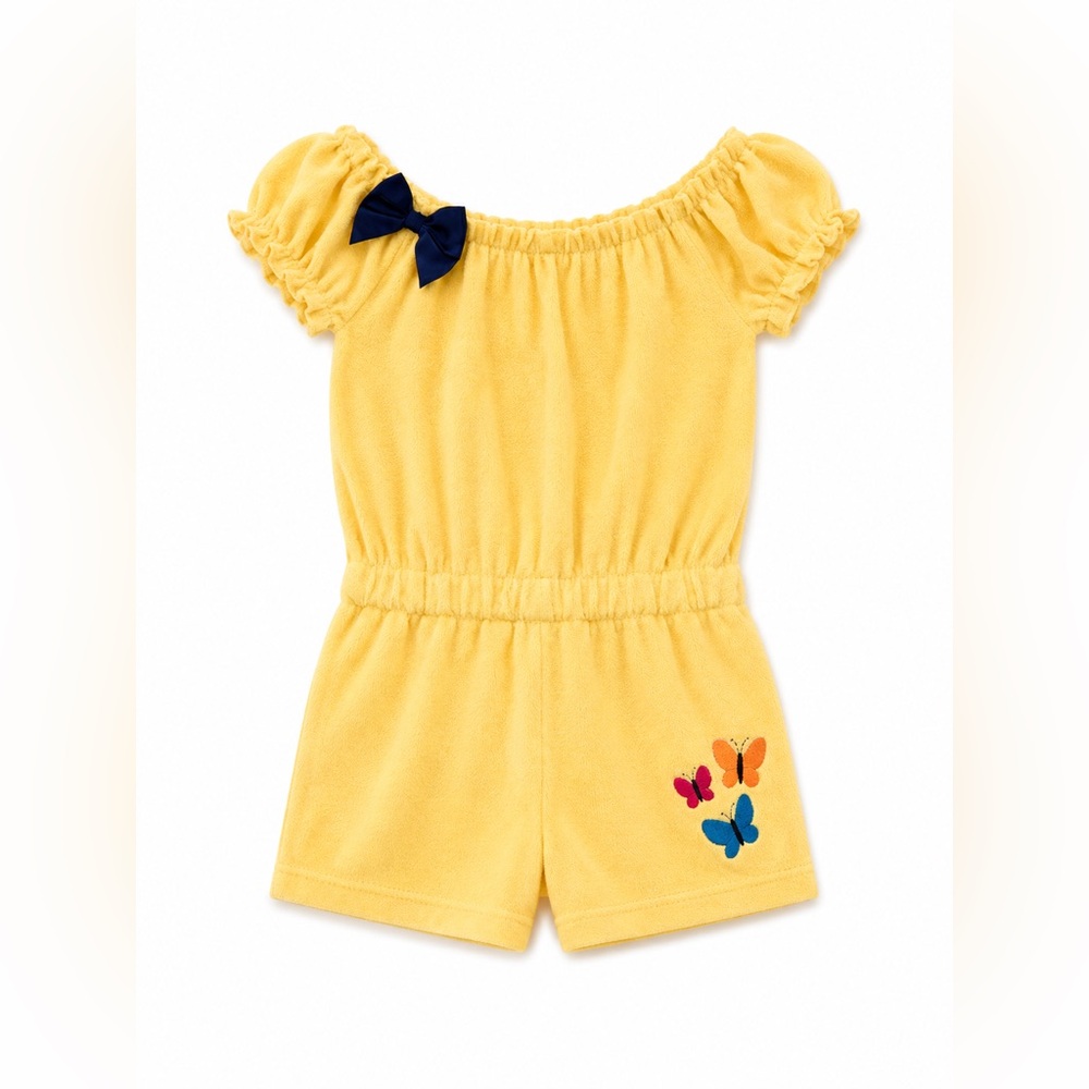 Absorba Yellow Terry Girls' Butterfly Towel Romper with Navy Bow